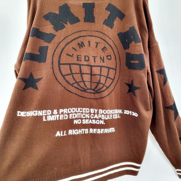 boohoo Man Limited Edition Brown Letterman Button Down Cardigan Sweater Size  XS - Picture 4 of 9